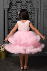 Pastel Pink Frock With Floral Embellishment For Girls