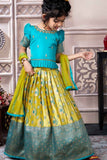 Blue And Mustard Brocade Pattu Pavadai Set For Girls