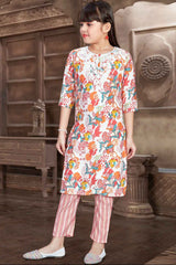 Peach 3/4th Sleeves With Floral Printed And Embroidered Kurta Set For Girls