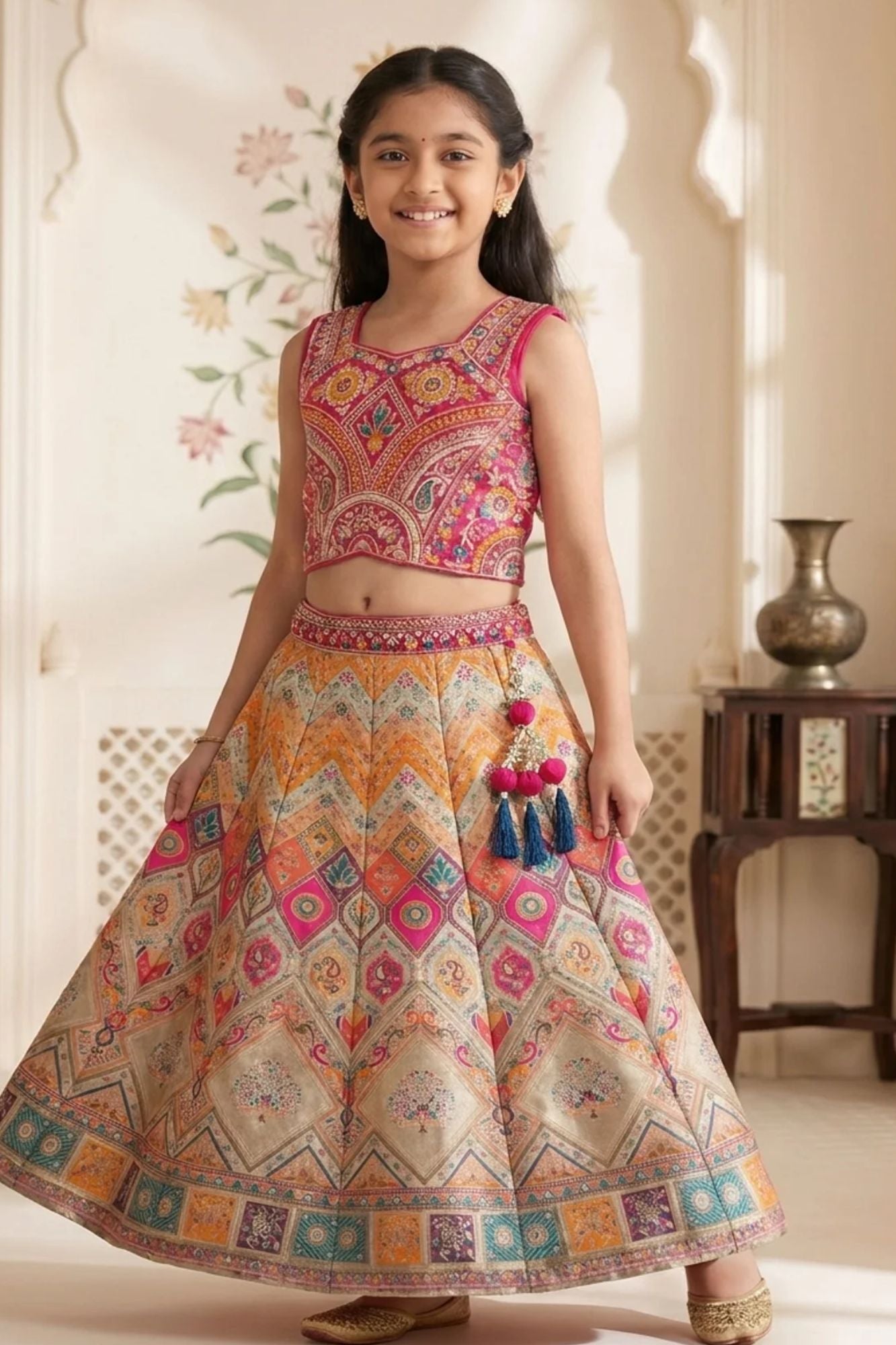 Multicolor Printed Lehenga Choli Set with Dupatta For Girls