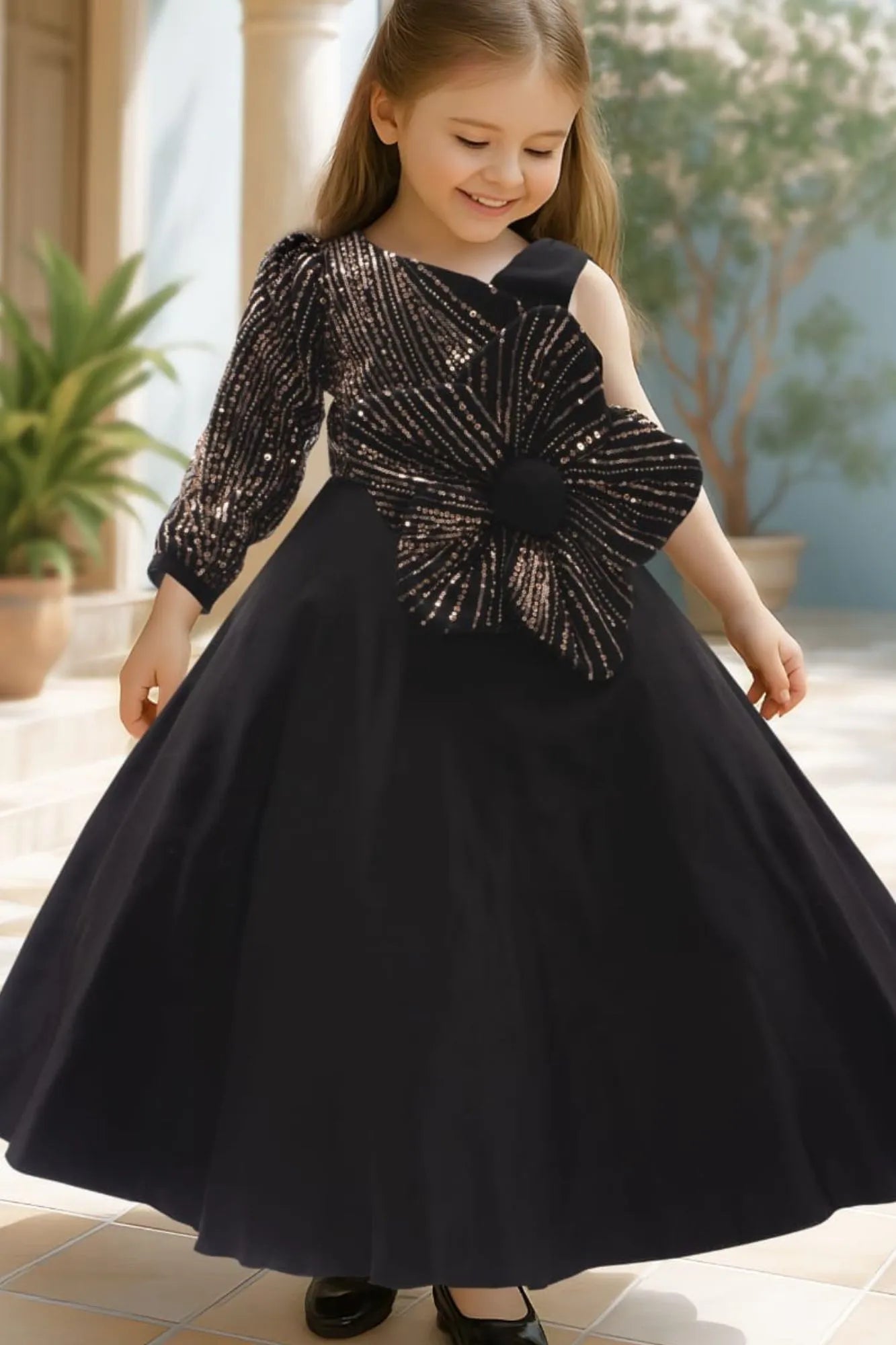 Black One-Shoulder Flower Appliqué Gown for Girls