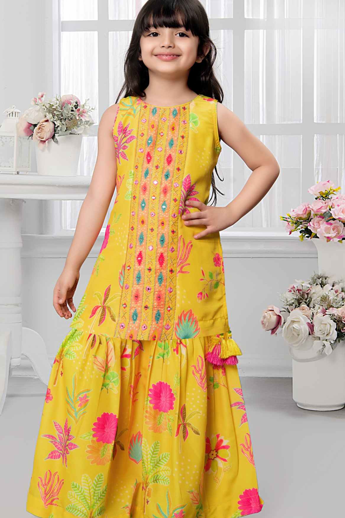 Mustard Floral Printed And Mirror Work Sharara Set For Girls