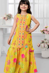 Mustard Floral Printed And Mirror Work Sharara Set For Girls