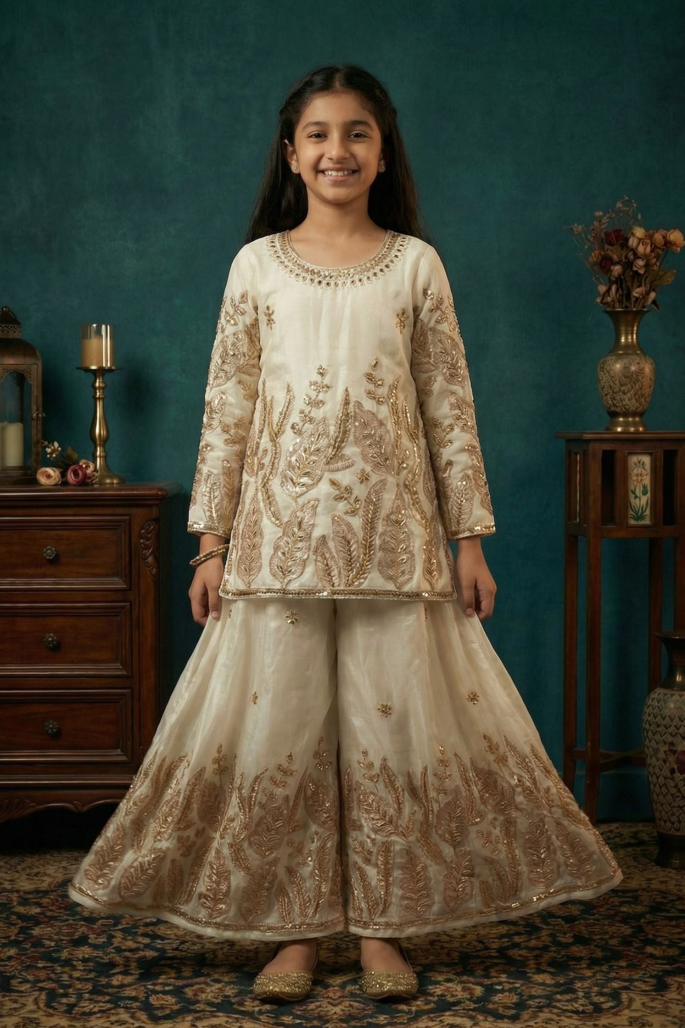 Cream Heavy Embroidered Palazzo Set For Girls