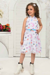 White Sleeveless Floral And Butterfly Printed With Bow Embellished Frock For Girls