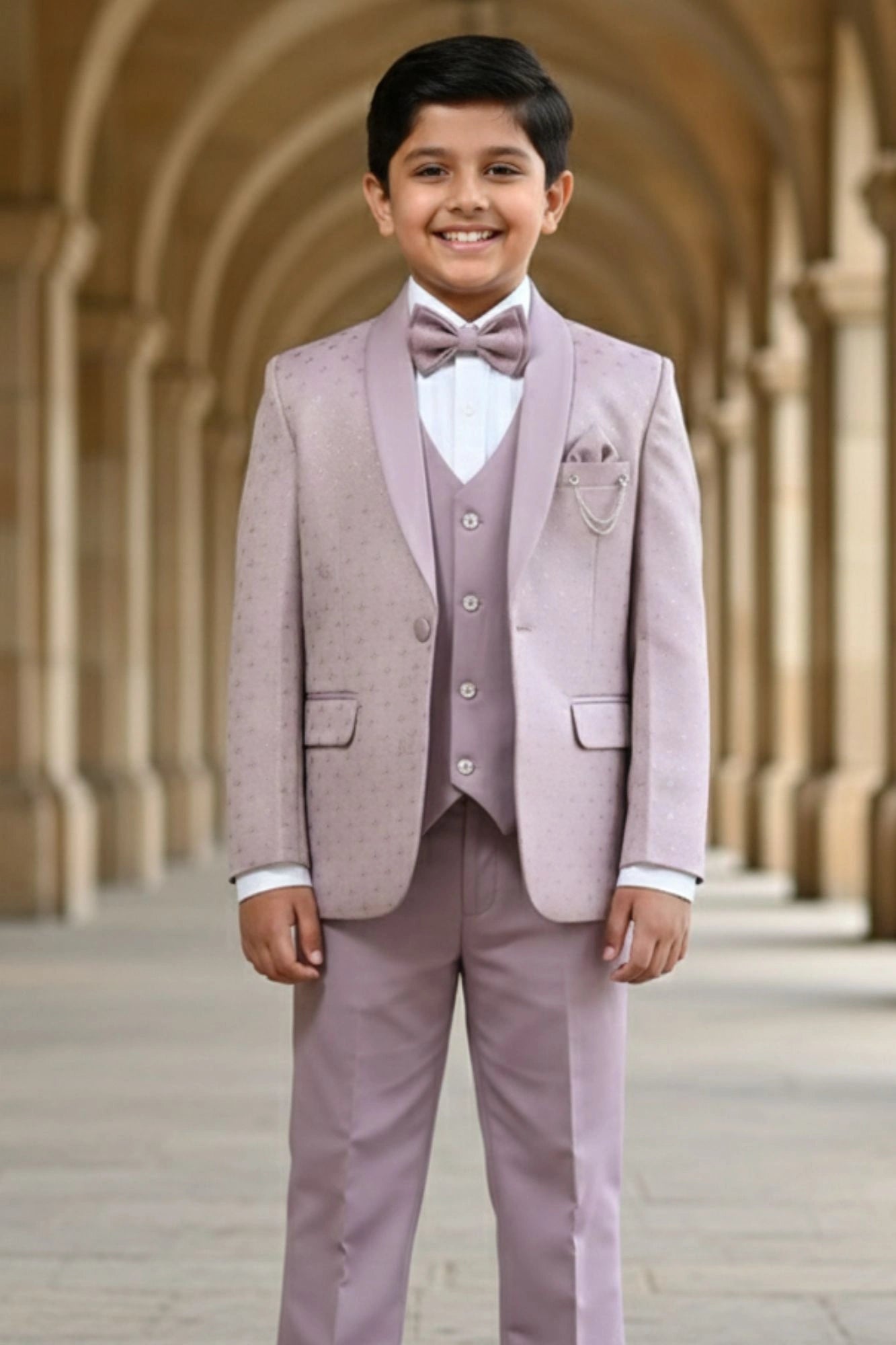 Premium Mauve Self Design 5-Piece Party Suit Set For Boys