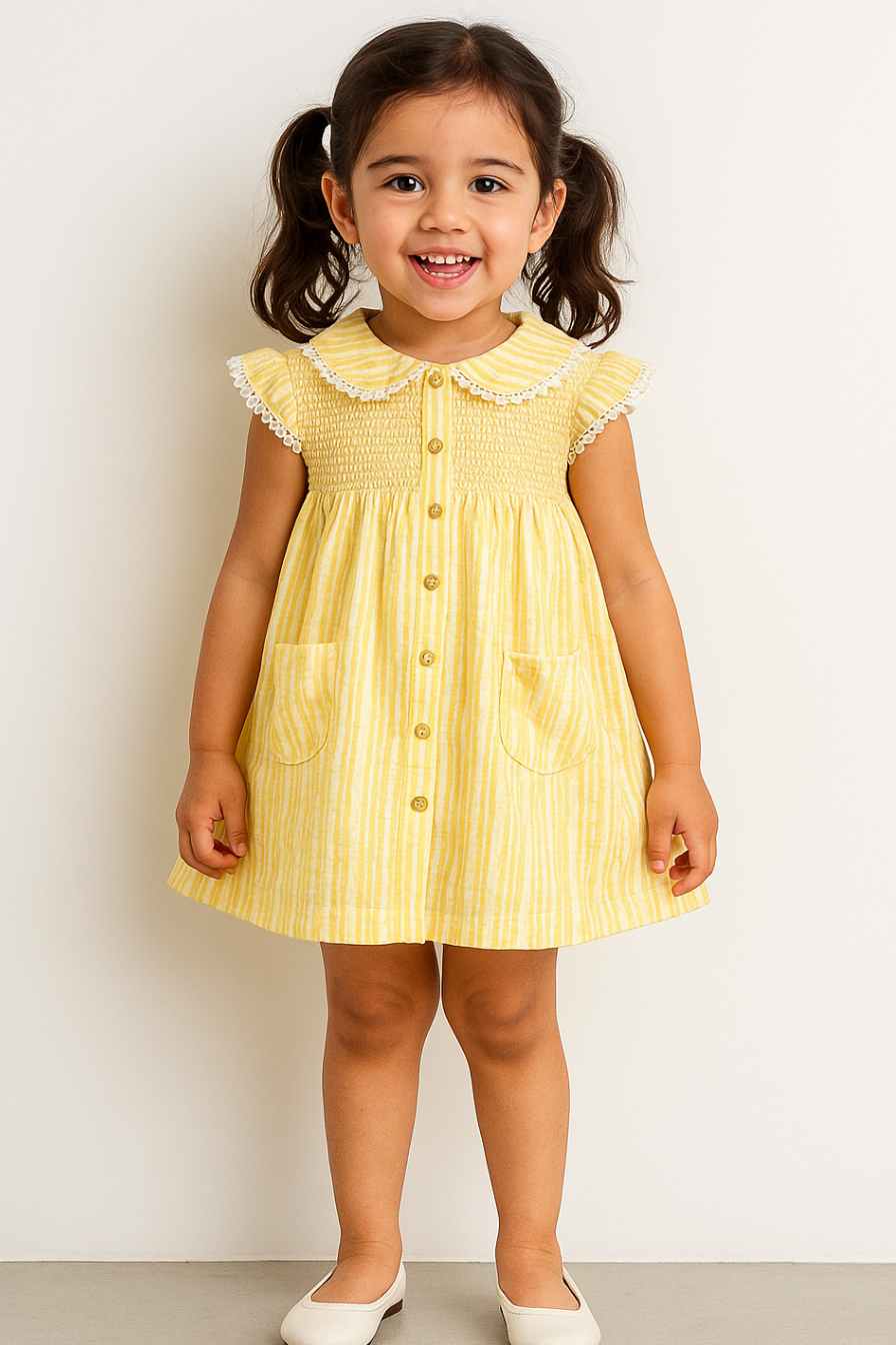 Yellow Cotton Button Down Day Dress for Girls