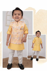 Little Collars Yellow Kurta Set With Embroidered Overcoat For Boys