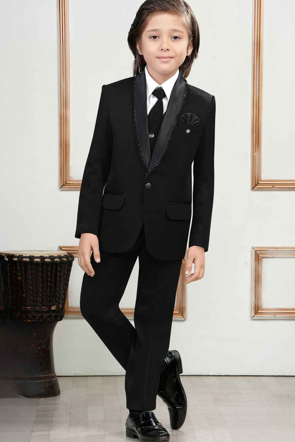 Black Bead Work Tuxedo With Pant And Waistcoat Set For Boys