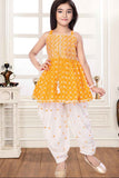 Yellow Bandhani Printed And Embroidered Top With Dhoti Set For Girls