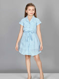 Solid Light Blue Casual Shirt Dress with Waist Tie-Up for Girls