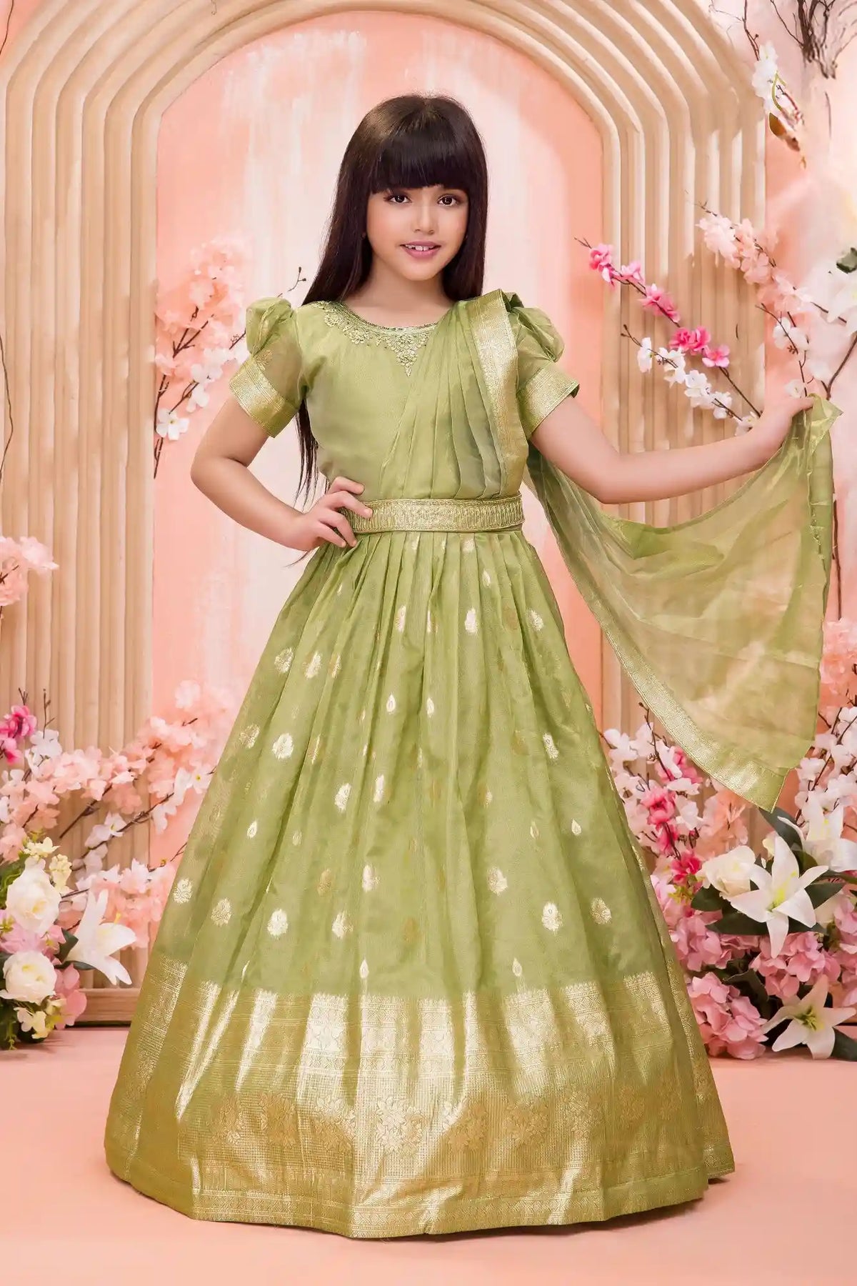 Olive Green Silk Ethnic Gown For Girls