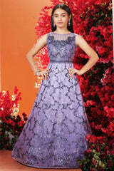 Elegant Lavender Sequined Partywear Gown For Girls