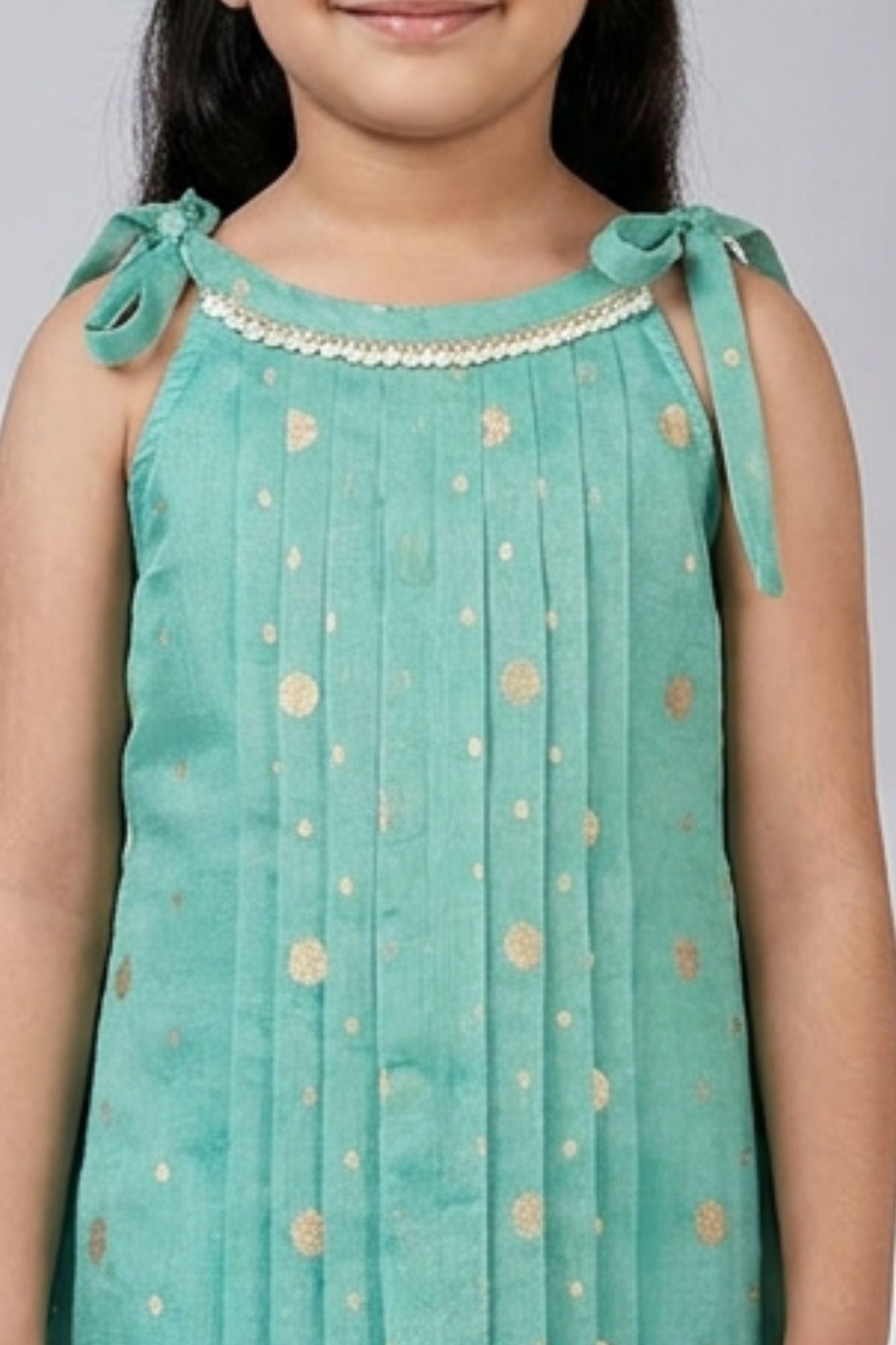 Girls Blue Sleeveless Dress with Pintuck Pleats