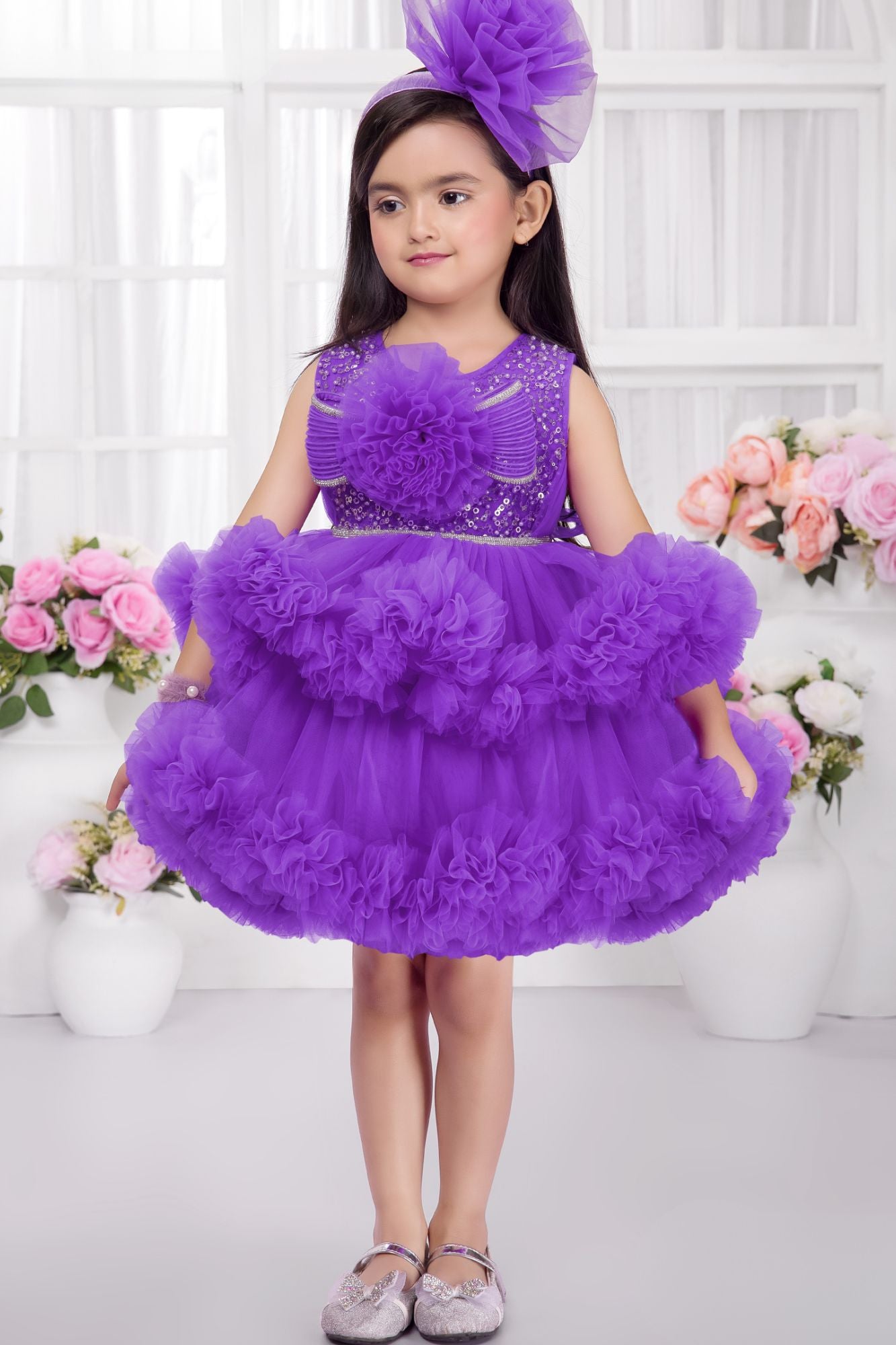 Purple Sequined Tulle Party Wear Frock for Girls