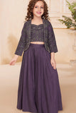 Royal Purple Embroidered Embroidered Palazzo Set With Jacket for Girls