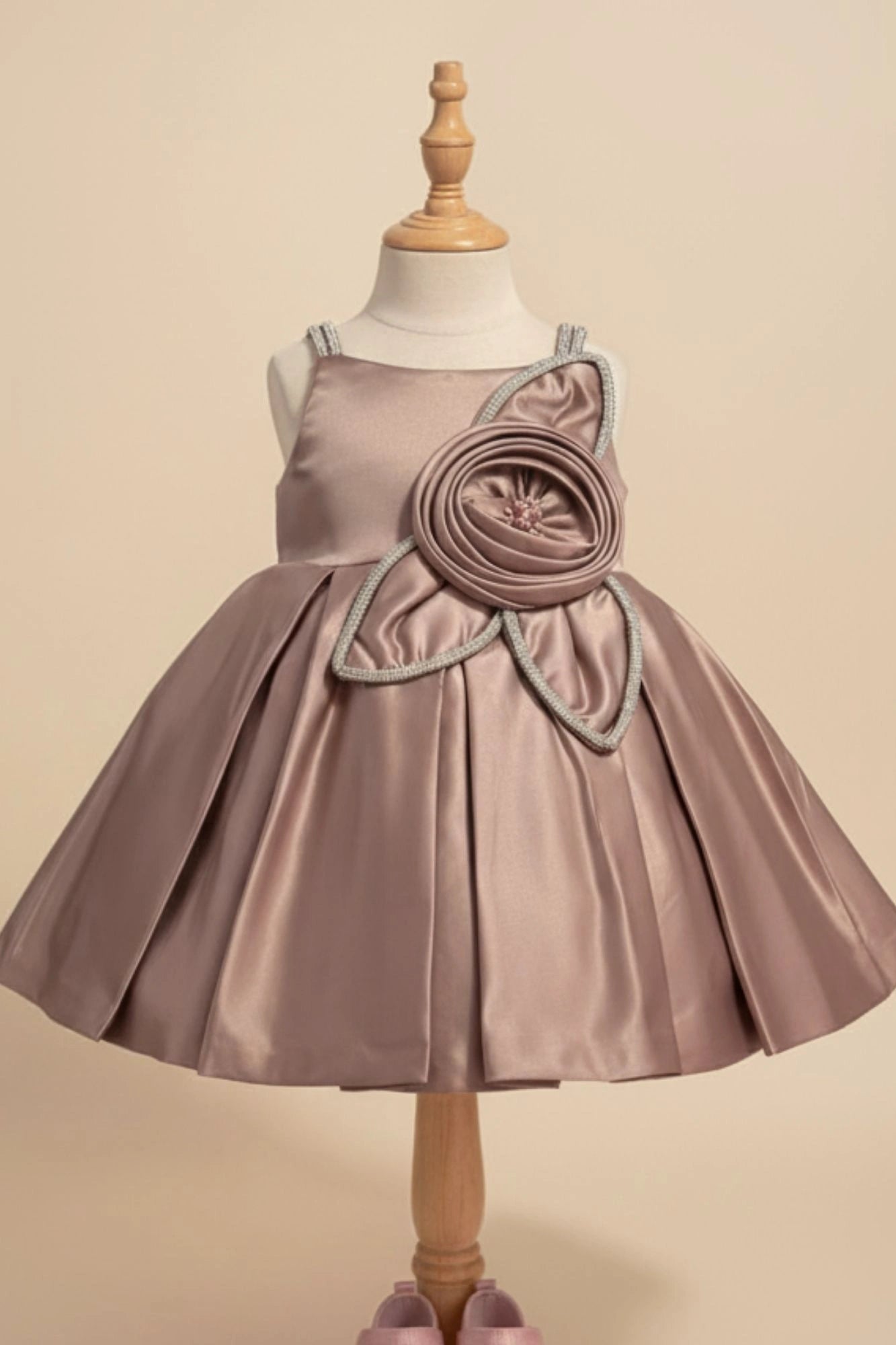 Copper Brown Party Frock with Floral Rosette and Embellished Strap Detailing For Girls