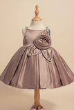 Copper Brown Party Frock with Floral Rosette and Embellished Strap Detailing For Girls