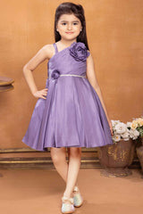 Lavender Satin Frock With Floral Embellishment For Girls