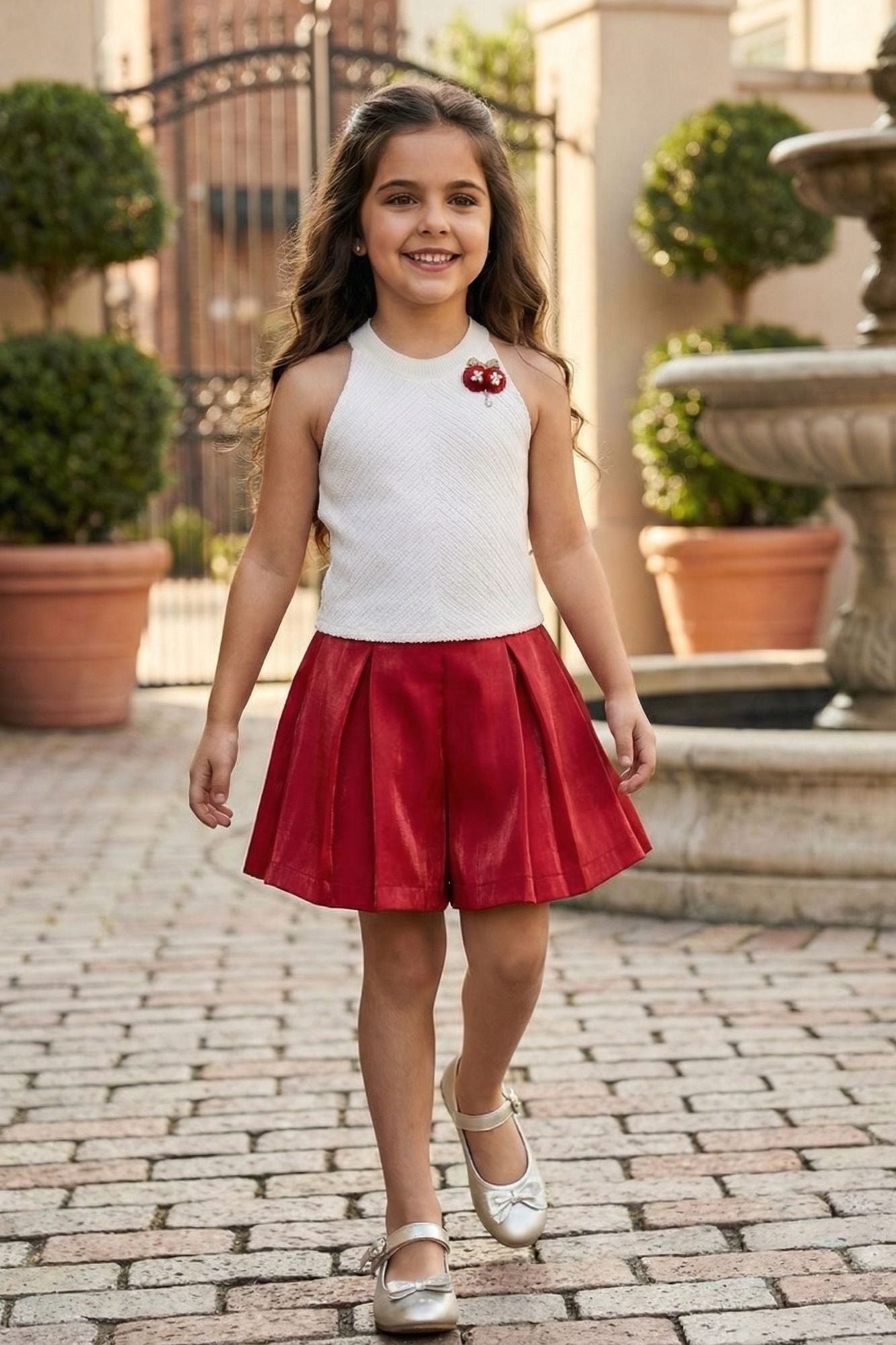 White Halter Top And Red Pleated Shorts Co-ord Set For Girls