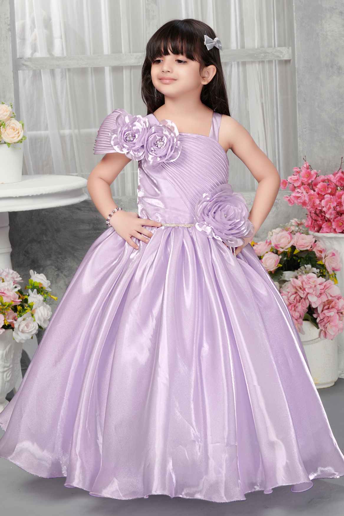 Lavender One-Shoulder Gown With 3D Floral Appliqué For Girls