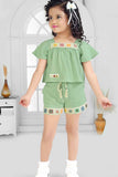 Green Crochet Embellished Top And Shorts Set For Girls