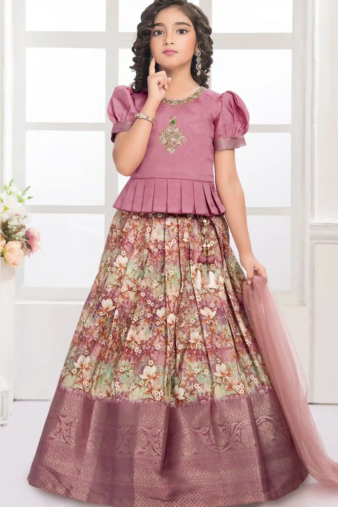 Mauve Peplum Top And Floral Woven Pattu Pavadai Set with Dupatta For Girls