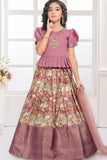 Mauve Peplum Top And Floral Woven Pattu Pavadai Set with Dupatta For Girls