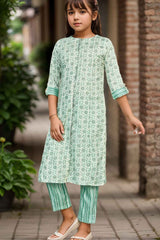 Green Printed And Stone Work Kurta With Pant Set For Girls