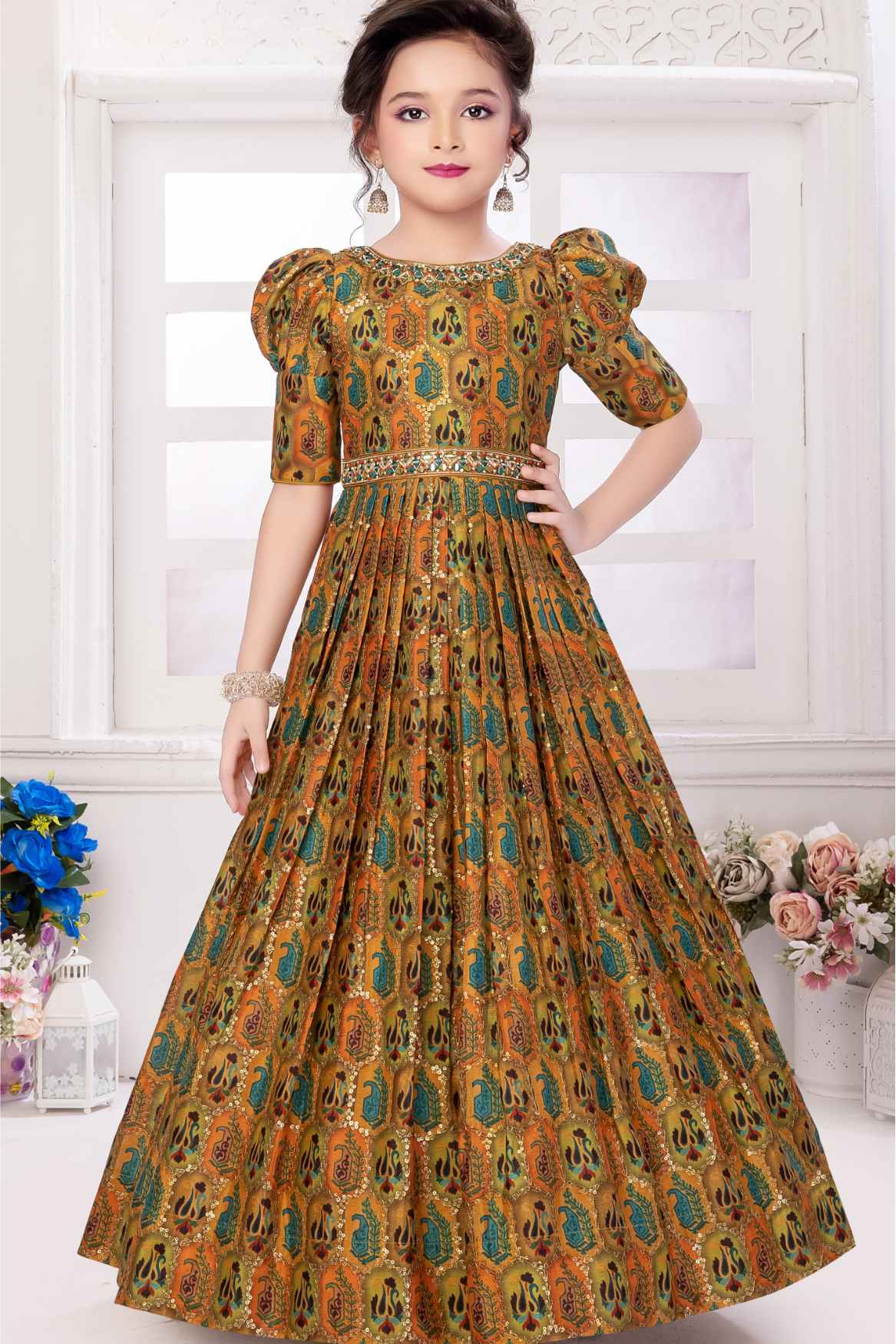 Gold Printed Ethnic Gown With Stone-Embellished Waistband For Girls 13-14Y(36) Gold Printed Ethnic Gown With Stone-Embellished Waistband For Girls 13-14Y(36)