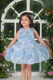 Blooming Princess Ice Blue Rosette Embellished Party Frock For Girls