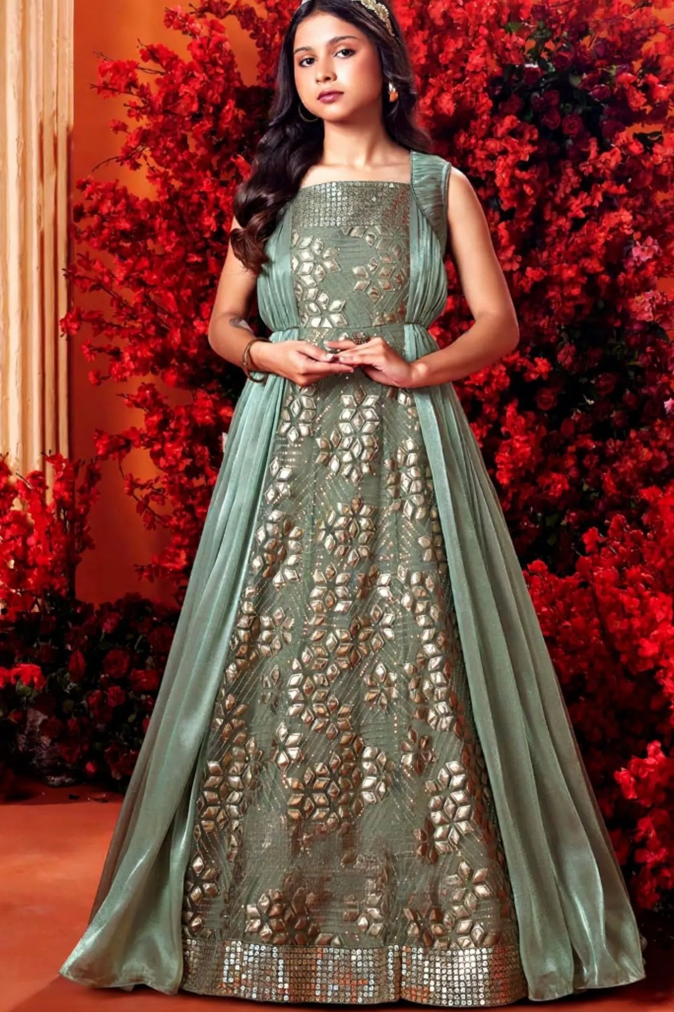 Designer Olive Green Festive Gown with Layered Cape Look For Girls