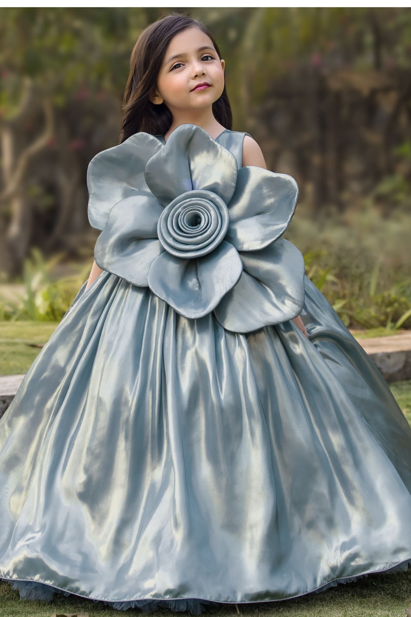 Steel Blue Oversized 3D Flower Party Wear Gown For Girls