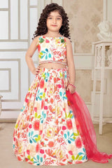 Cream Sleeveless And Mirror Work With Floral Printed Lehenga Choli Set For Girls