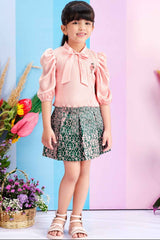 Peach Top And Printed Skirt With Puffed Sleeves Set For Girls