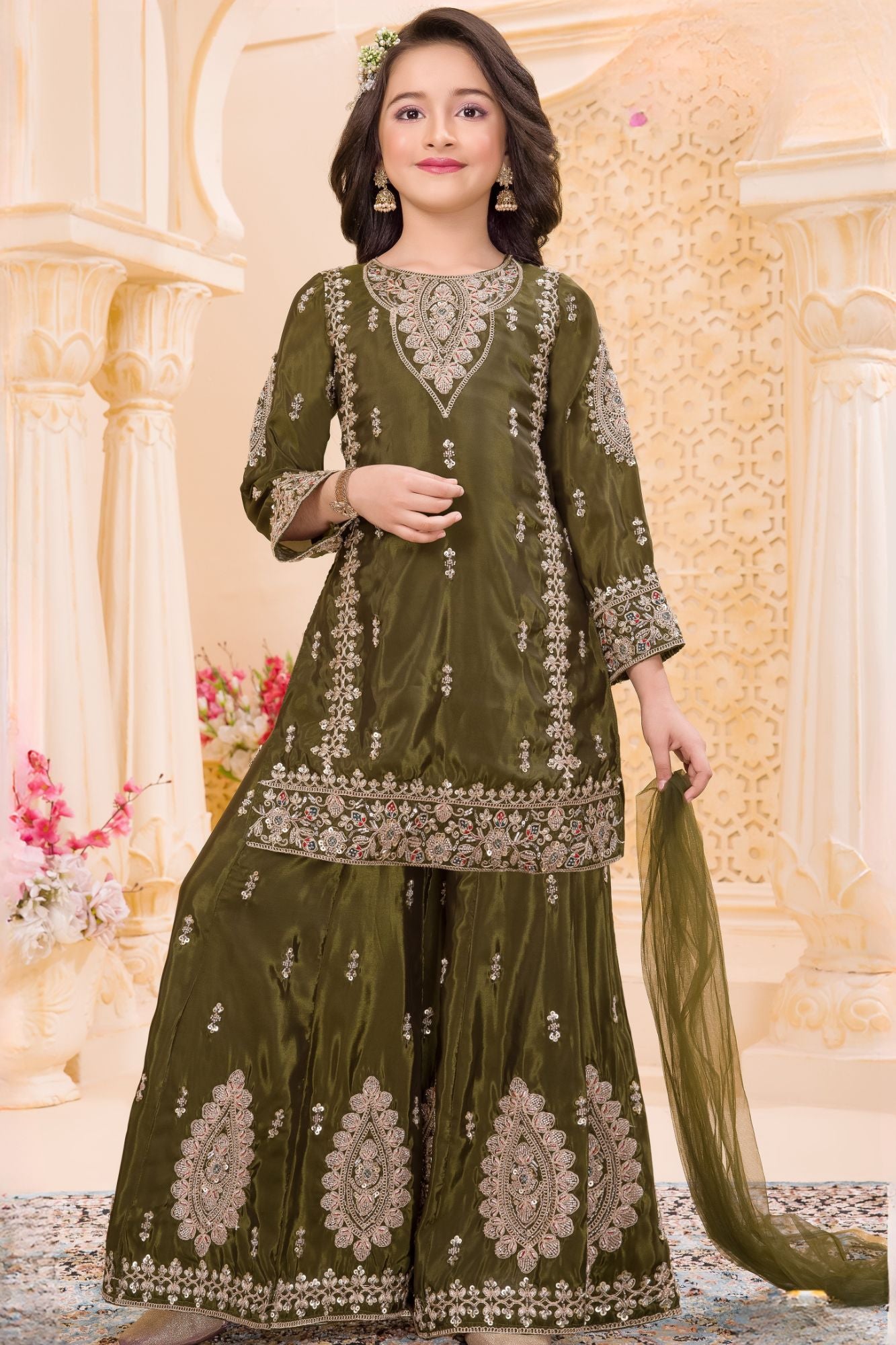 Olive Green Embroidered Palazzo Set for Girls