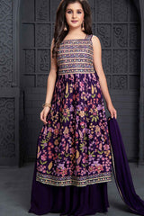 Purple Kashmiri Print And Sequin Work With Zari Embroidery Palazzo Set For Girls