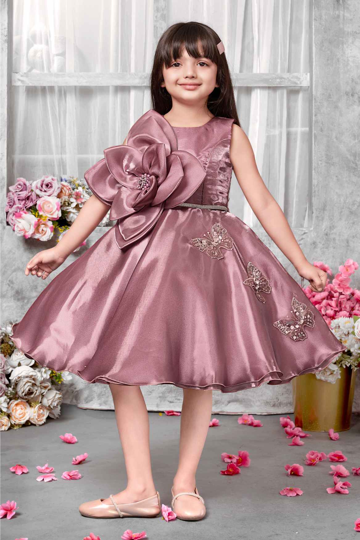 Dusty Pink Party Frock With Big Flower and Butterfly Design For Girls