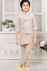 Classic Dusty Pink Kurta Set With Embroidered Overcoat For Boys