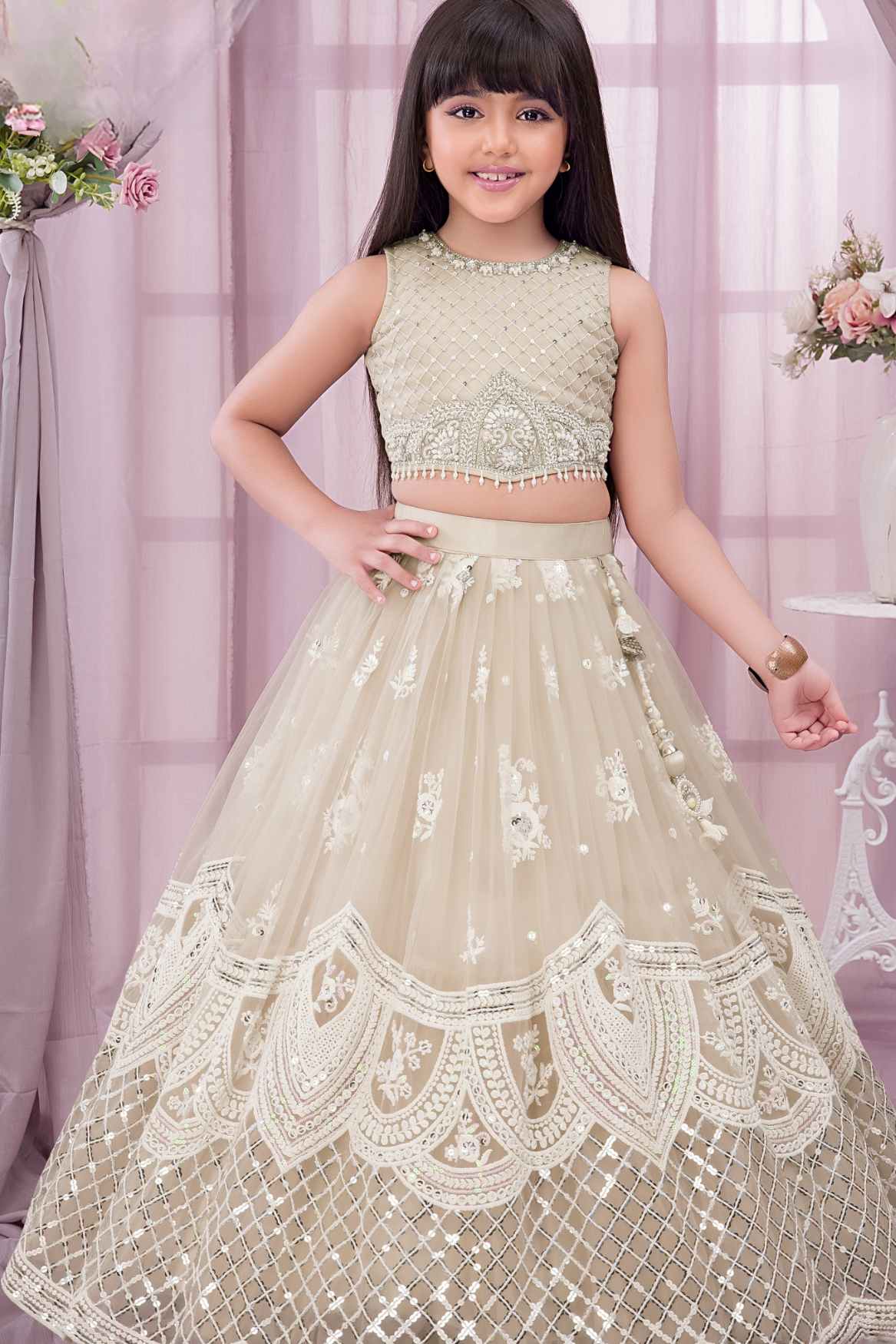 Cream Sequins Work And Embroidered With Pearl Work Lehenga Choli For Girls