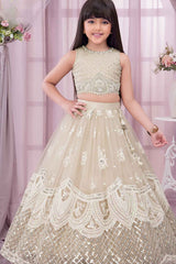 Cream Sequins Work And Embroidered With Pearl Work Lehenga Choli For Girls