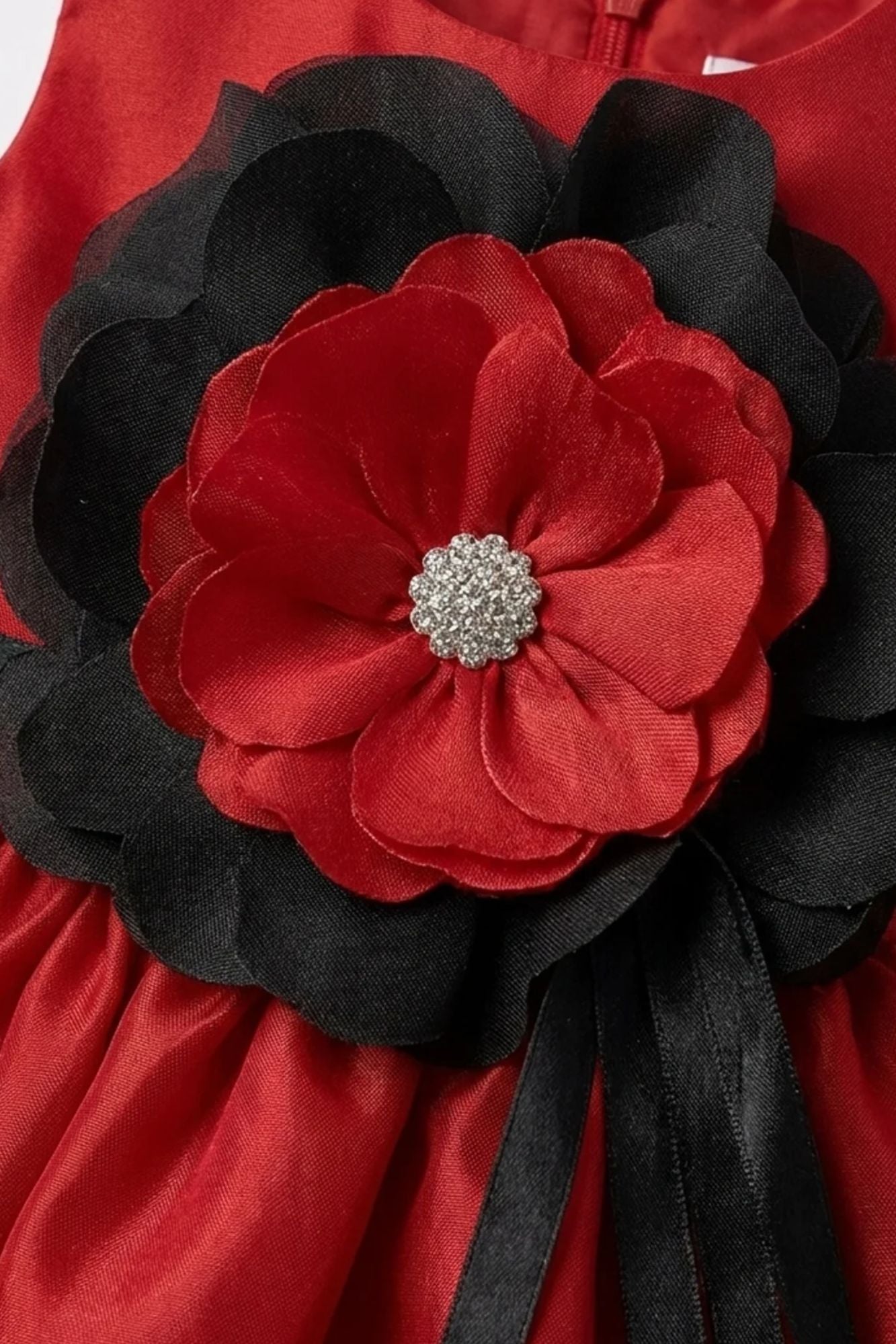 Girls Red  Party Frock With Black Floral Applique
