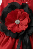 Girls Red  Party Frock With Black Floral Applique