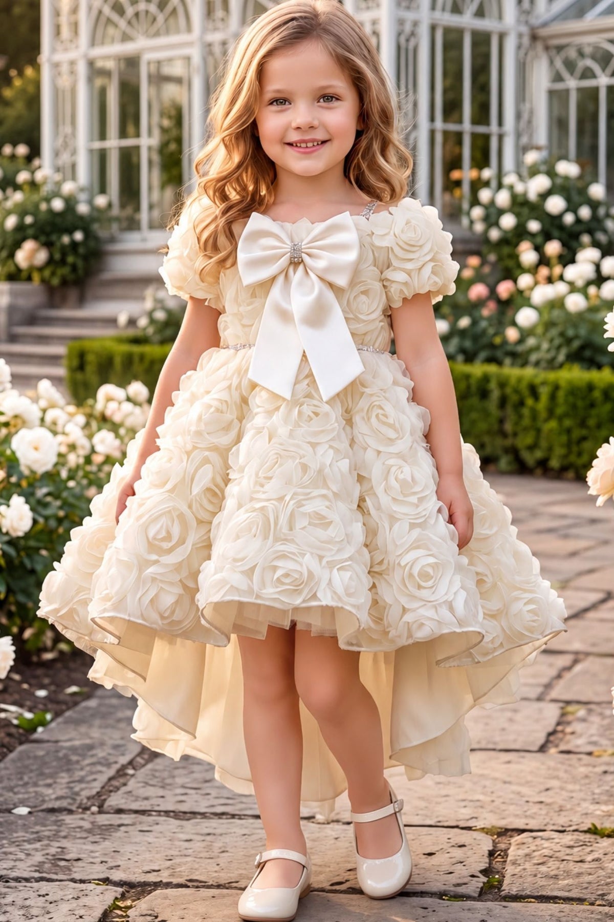 Girls Cream 3D Floral Net High-Low Party Frock With Statement Bow