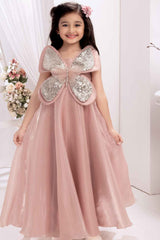 Peach Butterfly Embellished With Sequins And Pearl Work Gown For Girls