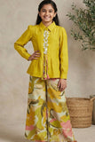 Stylish Mustard Yellow Top And Printed Pant Set For Girls