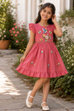 Girls Onion Pink Embroidered Ruffle Sleeve Flared Dress