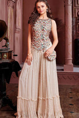Cream Embroidered Kurta And Palazzo Set With Sling Bag For Girls
