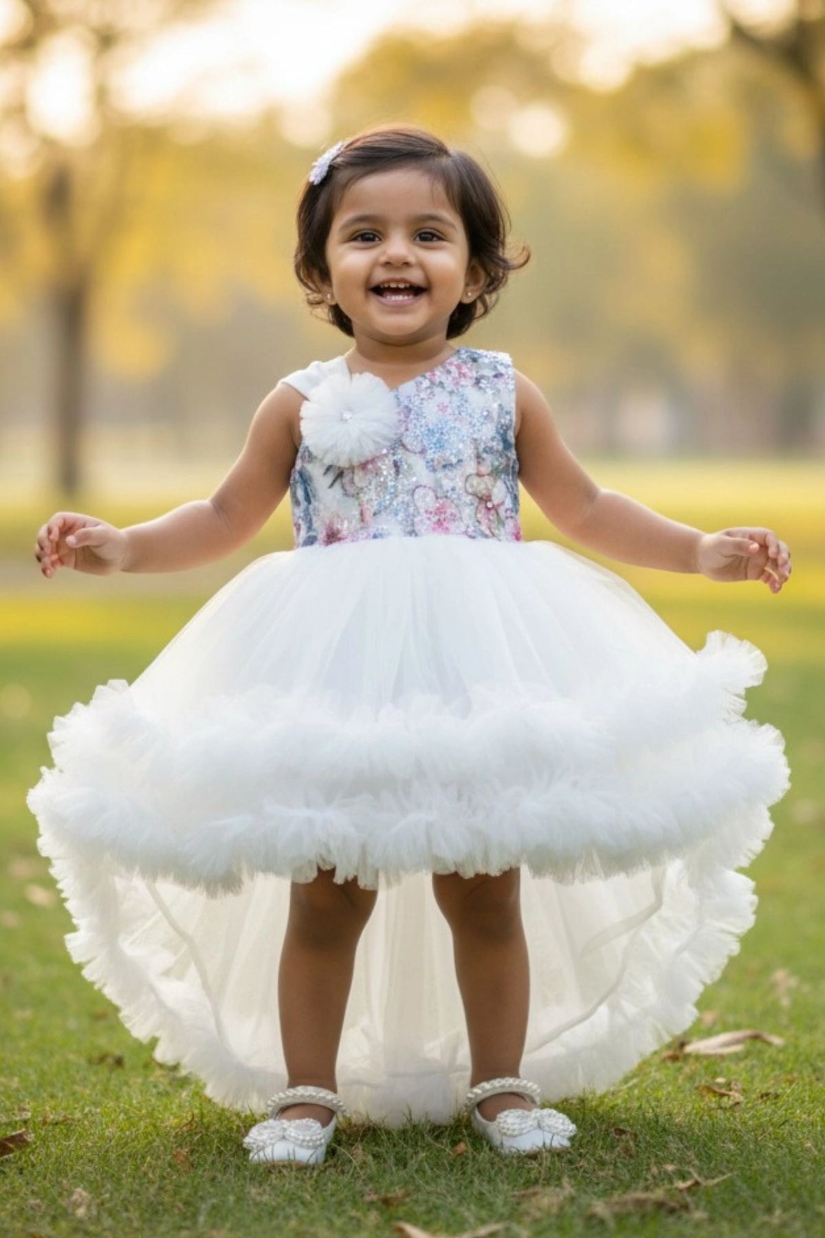 White Party Frock with Floral Bodice and Ruffled Hemline And Tailback For Girls