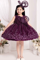 Wine Frock With Bow Embellished And Shimmer Printed For Girls